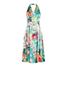 Midi-jurk van duchesse-satijn met bloemenprint, open rug en zakken van Rinascimento