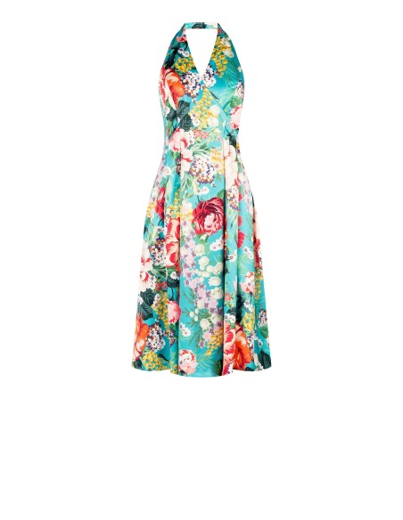 Robe midi en satin duchesse à fleurs avec dos ouvert et poches Rinascimento