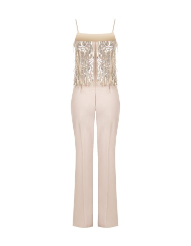 Palazzo-jumpsuit van soepelvallende stof met borduursels en paillettenfranjes van Rinascimento