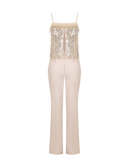 Combinaison pantalon Palazzo entière en tissu fluide avec broderies et franges en sequins Rinascimento