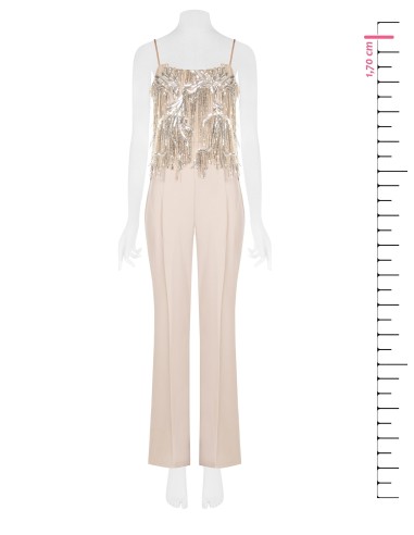Combinaison pantalon Palazzo entière en tissu fluide avec broderies et franges en sequins Rinascimento