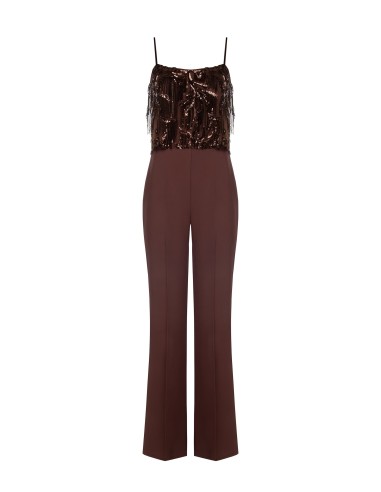 Palazzo-jumpsuit van soepelvallende stof met borduursels en paillettenfranjes van Rinascimento