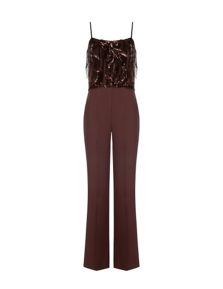 Combinaison pantalon Palazzo entière en tissu fluide avec broderies et franges en sequins Rinascimento