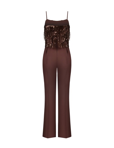 Combinaison pantalon Palazzo entière en tissu fluide avec broderies et franges en sequins Rinascimento
