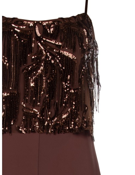 Combinaison pantalon Palazzo entière en tissu fluide avec broderies et franges en sequins Rinascimento