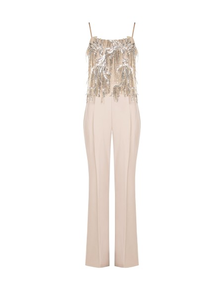 Palazzo-jumpsuit van soepelvallende stof met borduursels en paillettenfranjes van Rinascimento