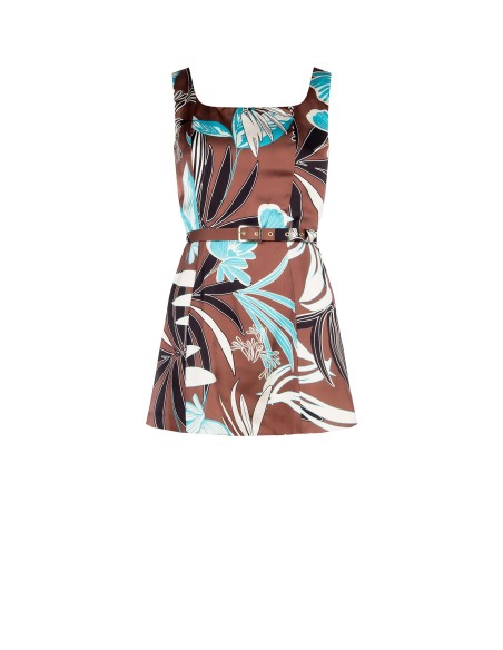 Top long en satin fleuri avec fente latérale et ceinture rigide coordonnée Rinascimento