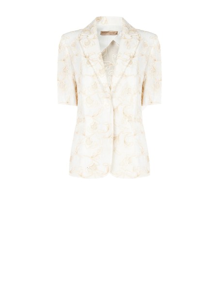 Veste blazer en viscose et lin mélangés avec broderie de fleurs en relief Rinascimento