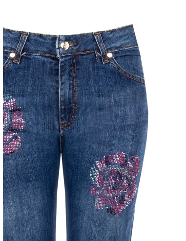 Jean droit extensible avec fleurs en strass appliquées Rinascimento