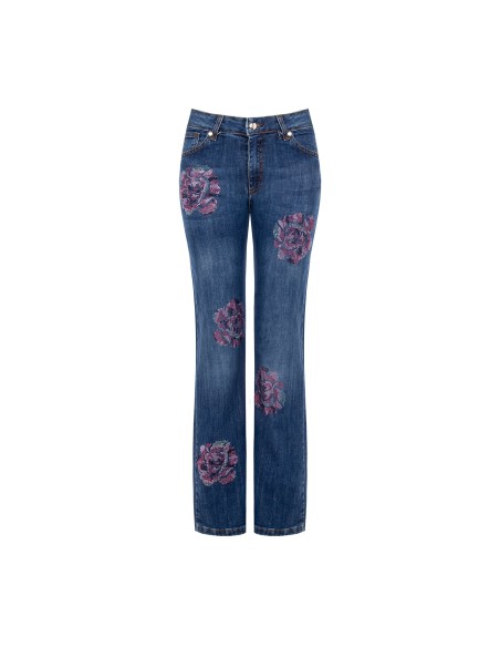 Jean droit extensible avec fleurs en strass appliquées Rinascimento