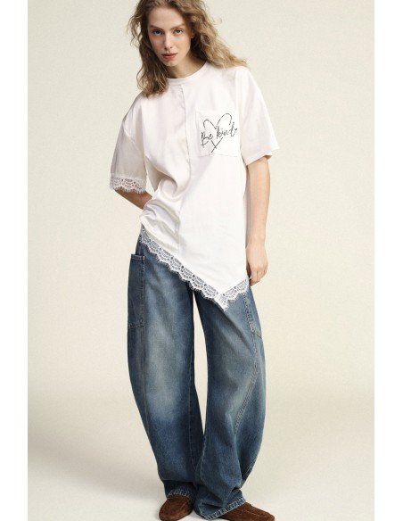Dixie T-shirt met korte mouwen, tekst en kanten rand