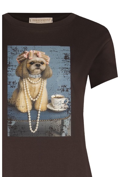 T-shirt regular en coton avec imprimé chien et strass Rinascimento
