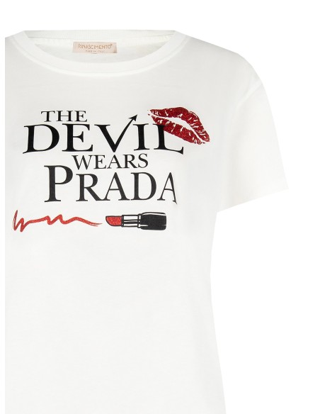 T-shirt regular en coton « Le Diable s'habille en Prada », imprimé rouge à lèvres, Rinascimento
