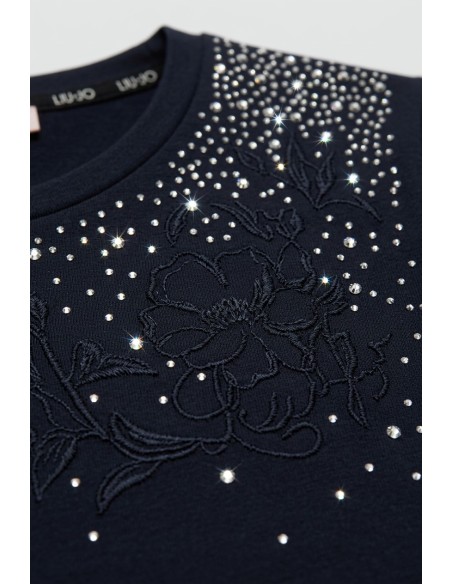 Liu Jo T-Shirt avec broderie de strass et de fleurs