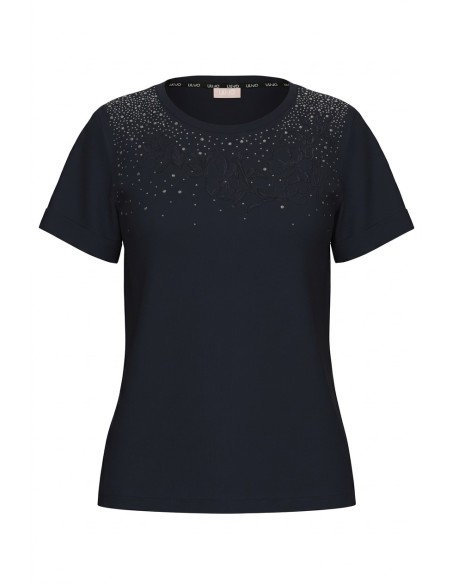 T-shirt met strasssteentjes en bloemenborduursel van Liu Jo