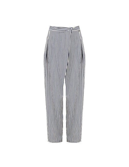 Pantalon palazzo rayé en mélange de lin et de viscose avec empiècement asymétrique Rinascimento