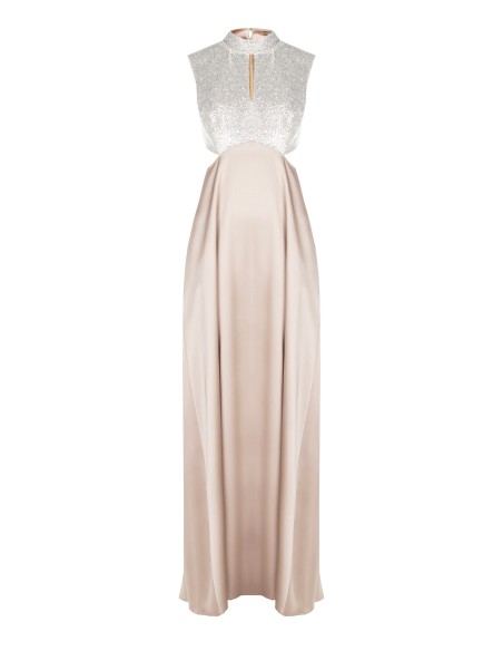 Robe longue évasée en satin avec corsage recouvert de paillettes Rinascimento
