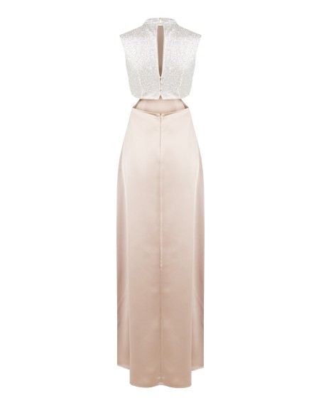 Robe longue évasée en satin avec corsage recouvert de paillettes Rinascimento