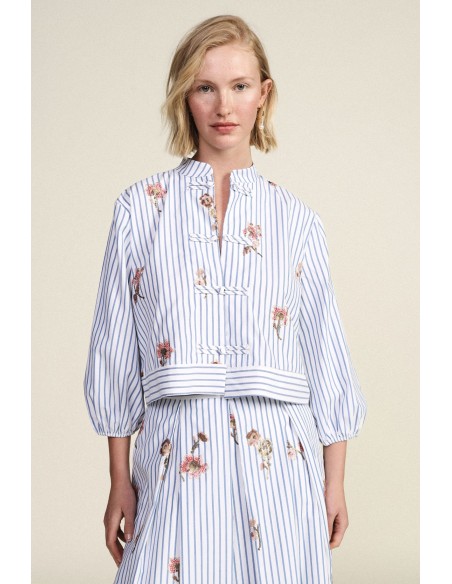 Chemisier rayé avec broderies florales et fermeture à nouer Dixie