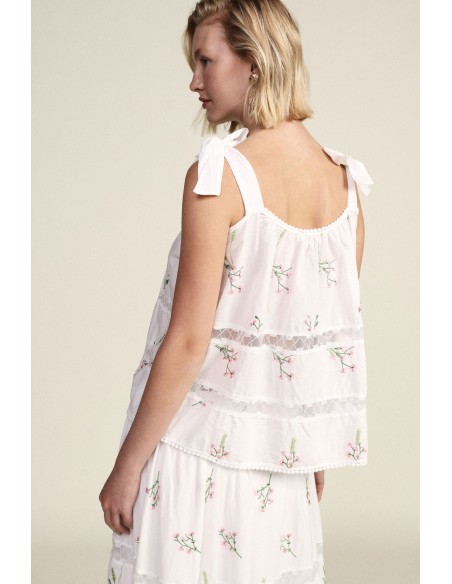Top à larges bretelles et broderie florale Dixie