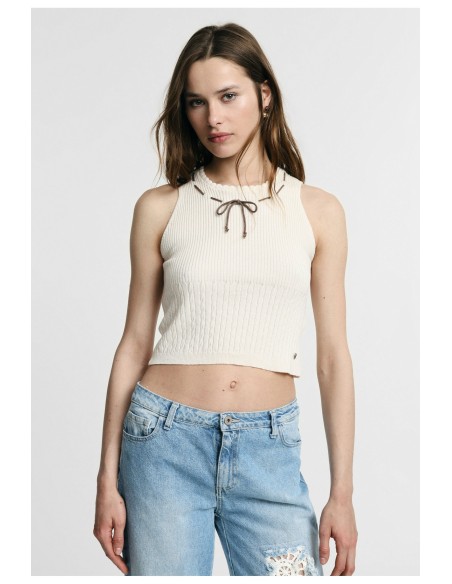 Mouwloze ribgebreide top met strikje Please