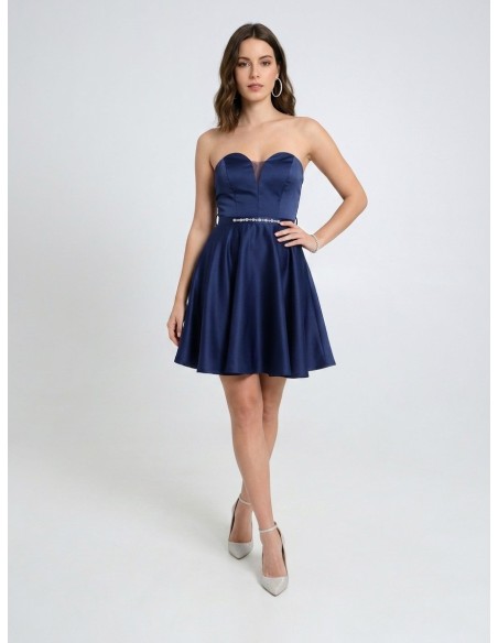 Korte uitlopende satijnen jurk met bijpassende riem en strass-steentjes Rinascimento