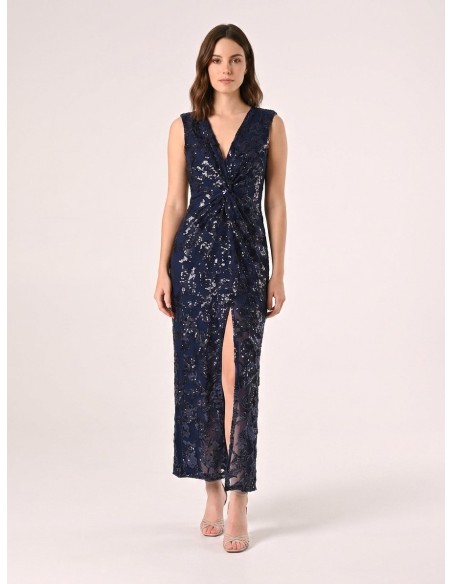 Rinascimento - Robe fourreau longue en maille avec paillettes et fente sur le devant