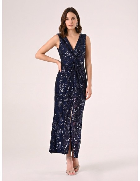 Rinascimento - Robe fourreau longue en maille avec paillettes et fente sur le devant