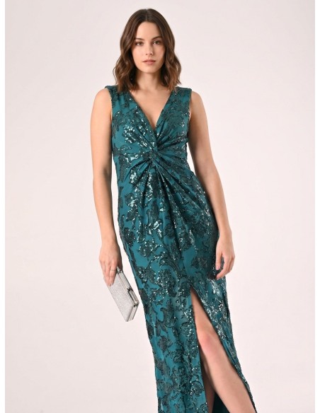 Rinascimento - Robe fourreau longue en maille avec paillettes et fente sur le devant