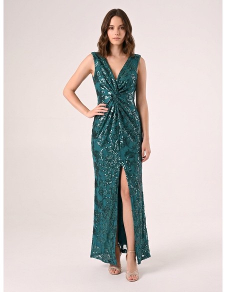 Rinascimento - Robe fourreau longue en maille avec paillettes et fente sur le devant
