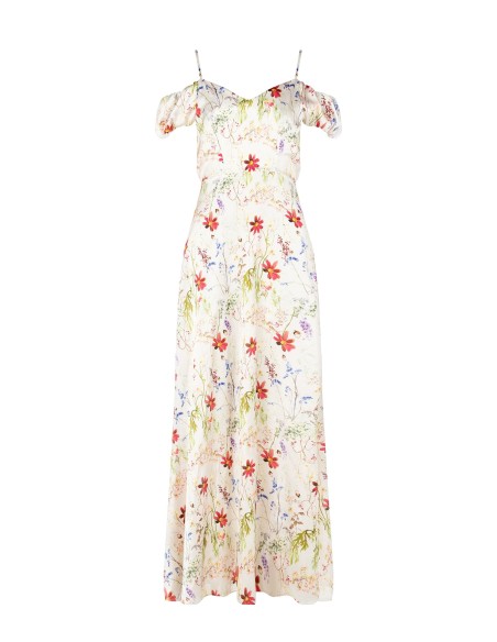 Robe maxi en satin imprimé botanique avec double décolleté en cœur Rinascimento