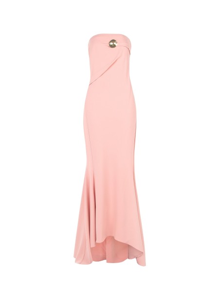 Asymmetrische lange jurk van scuba-crêpe met gouden broche van Rinascimento