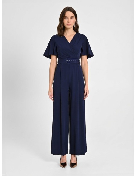 Jumpsuit van soepelvallende stof met bijpassende stevige riem en overslaghals, Rinascimento