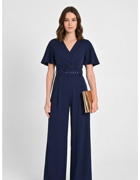 Jumpsuit van soepelvallende stof met bijpassende stevige riem en overslaghals, Rinascimento