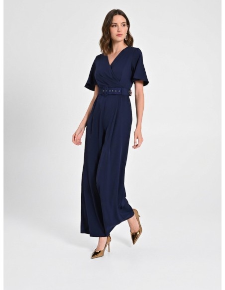Jumpsuit van soepelvallende stof met bijpassende stevige riem en overslaghals, Rinascimento