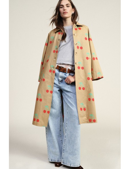 Manteau long imprimé cerises à boutons apparents Dixie
