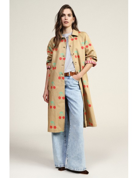Manteau long imprimé cerises à boutons apparents Dixie