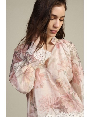 Blouse fleurie avec bordures en dentelle et manches amples Dixie