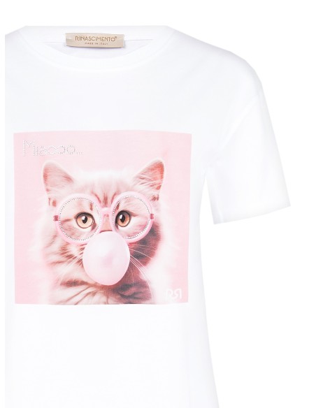 Regular T-shirt van katoen met opdruk van een kat met strassbril van Rinascimento