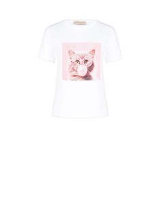 T-shirt regular en coton avec imprimé chat portant des lunettes en strass Rinascimento