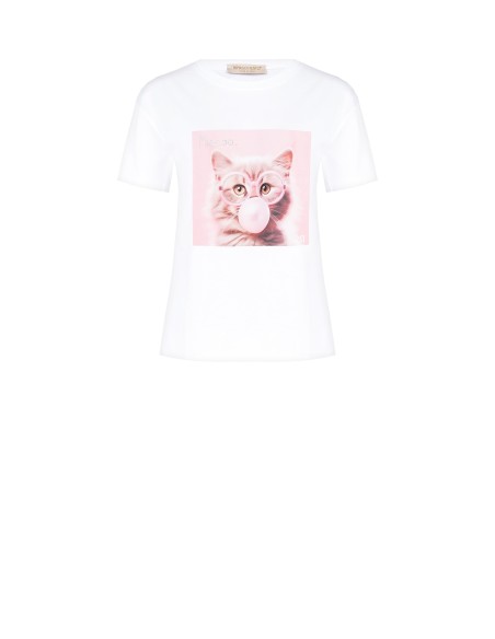 T-shirt regular en coton avec imprimé chat portant des lunettes en strass Rinascimento