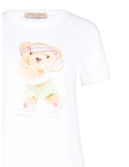 T-shirt regular en coton avec imprimé ourson joueur de tennis et strass Rinascimento