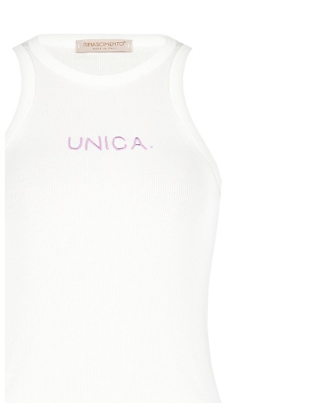 Top ajusté côtelé en coton avec slogan lilas brodé Rinascimento