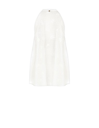 Top long asymétrique en coton rayé, brodé et ajouré Rinascimento