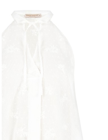Lange asymmetrische katoenen top met strepen, borduursels en opengewerkte details