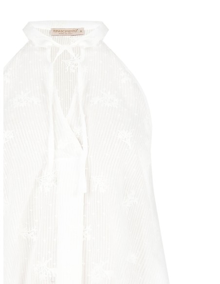 Top long asymétrique en coton rayé, brodé et ajouré Rinascimento