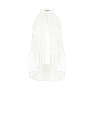Top long asymétrique en coton rayé, brodé et ajouré Rinascimento