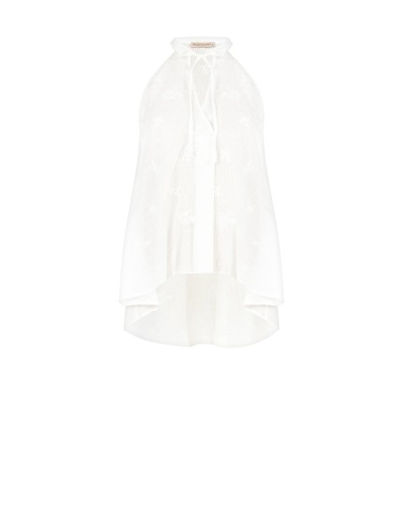 Top long asymétrique en coton rayé, brodé et ajouré Rinascimento
