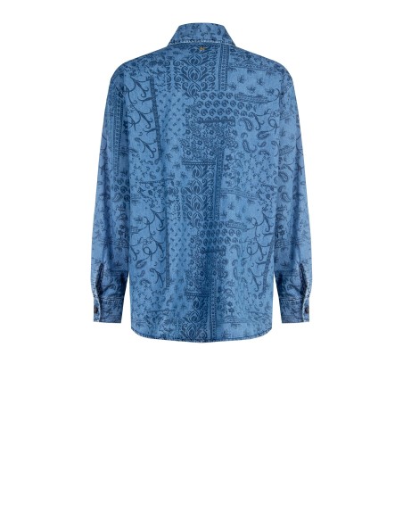 Lange oversized blouse van lichte denim met print en maxi-zakken Rinascimento
