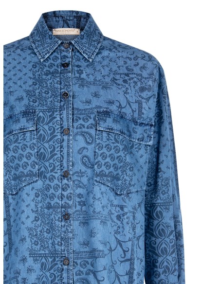 Lange oversized blouse van lichte denim met print en maxi-zakken Rinascimento